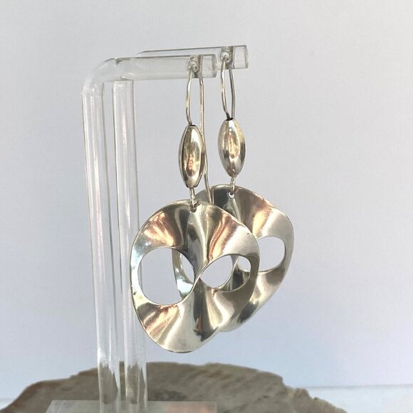 Sterling Silver 925 Artisan Modernist Style Infinity Disc Dangle Drop Earrings - Picture 4 of 16